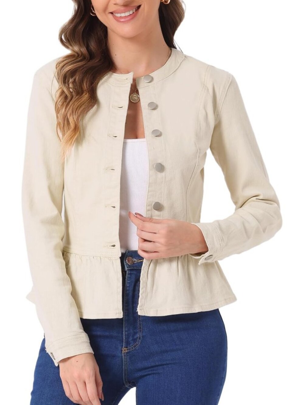 Women's Cream Denim Collarless Round Neck Button Down Cropped Ruffle Hem Jacket